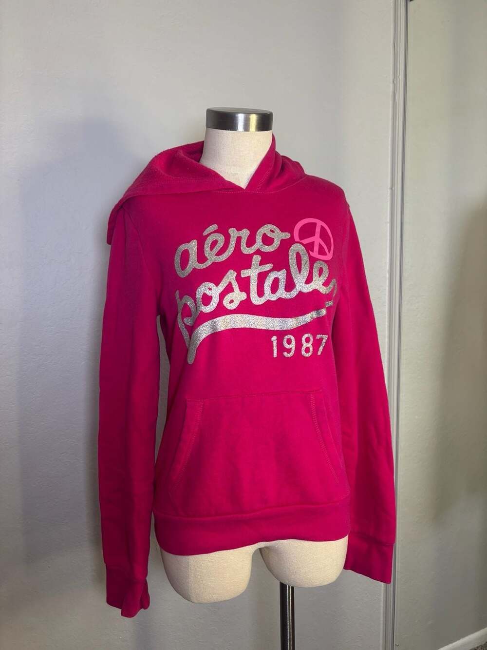 Aeropostale Pink Glitter Hoodie Sweatshirt 1987 Peace Sign